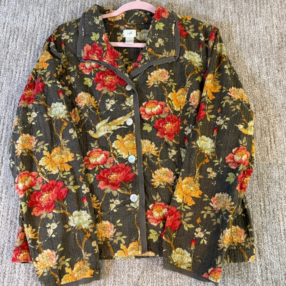 J. Jill Floral Bird Print Seersucker Jacket L Olive Red Botanical Button Front